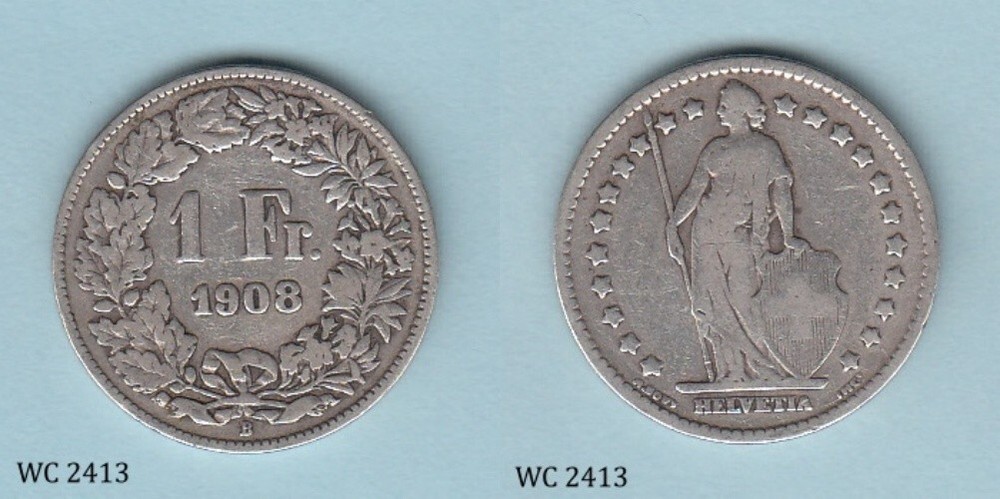 Switzerland 1 Franc 1908 Silver Coin