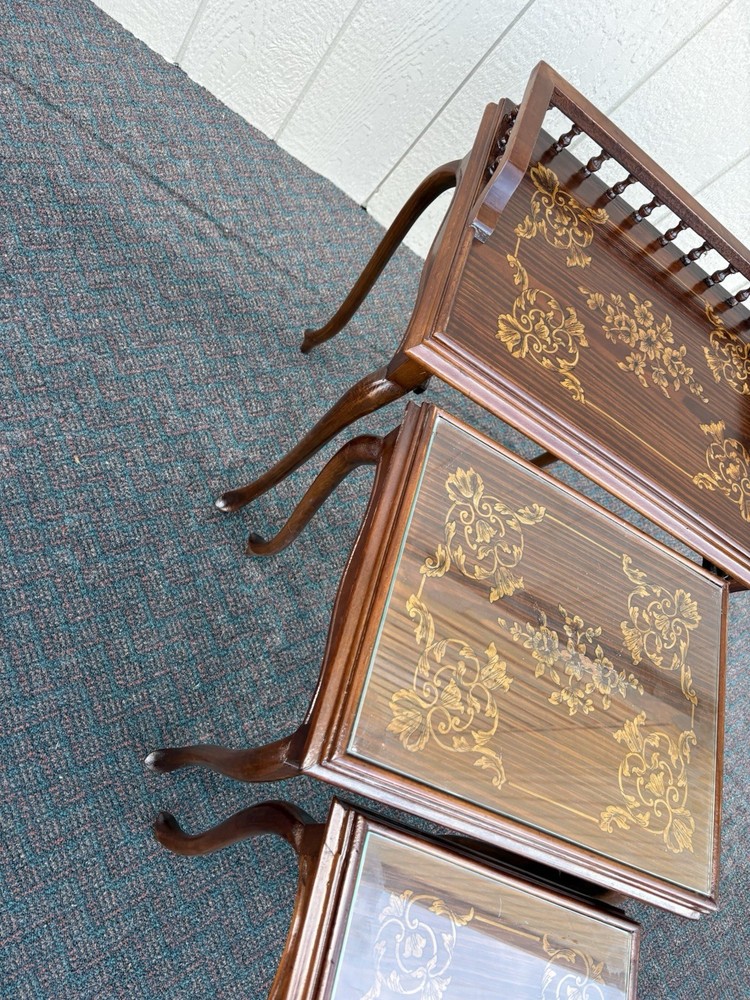 67334 Inlaid Mahogany 3 Stack Table Set with Gallery