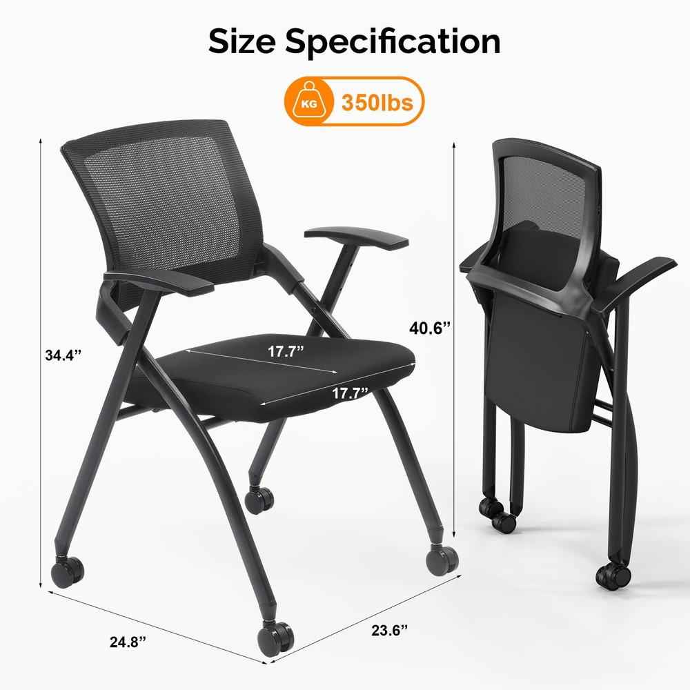 Stackable Reception Chairs, Wheels, Foldable, 350lb Capacity, 2-Pack