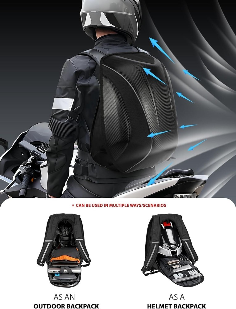 Motorcycle Backpack 30L Hardshell Carbon Fiber Pattern Waterproof Helmet Storage