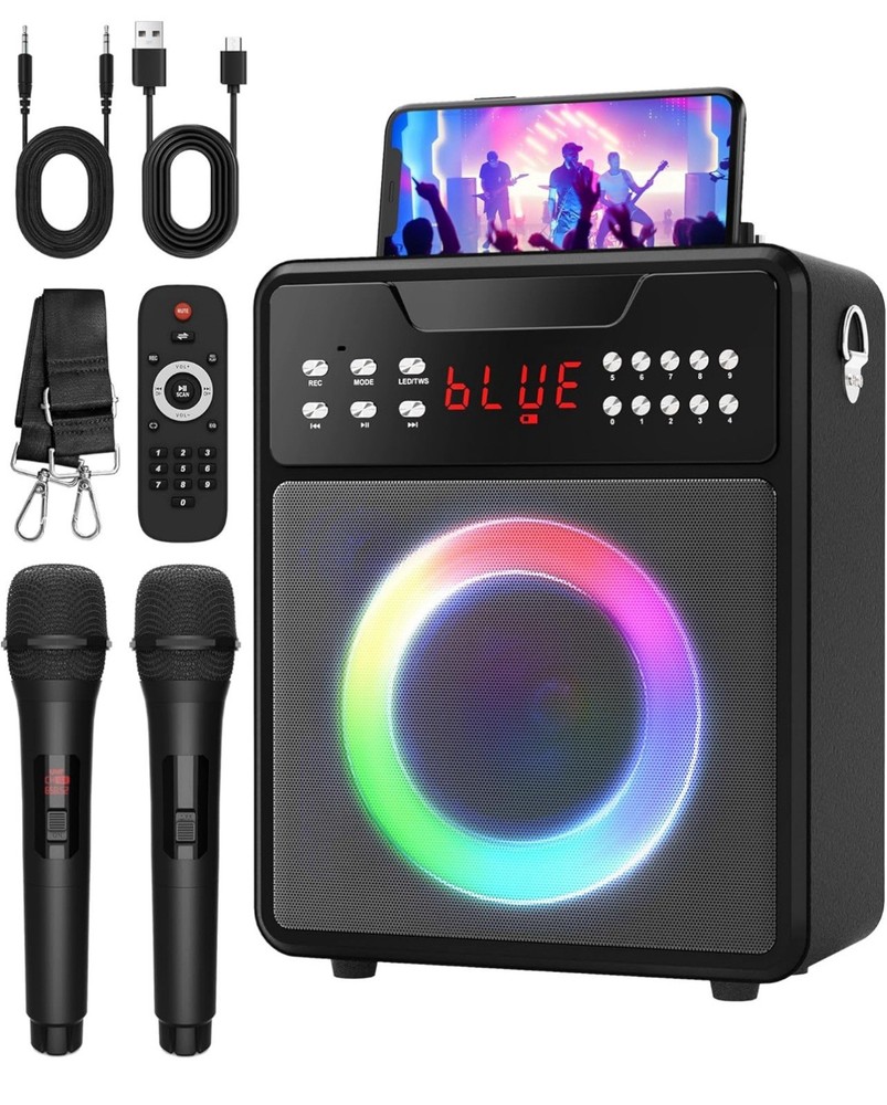 Karaoke Machine, Portable Bluetooth Speaker With 2 Wireless Microphones & Lights