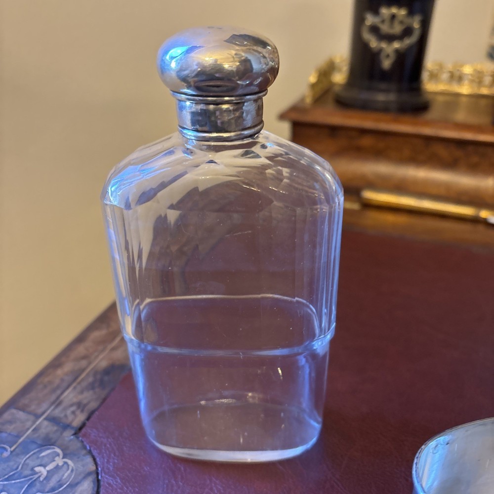 Solid silver hip flask c1900 & Six Antique Continental Solid Silver Shot Cups