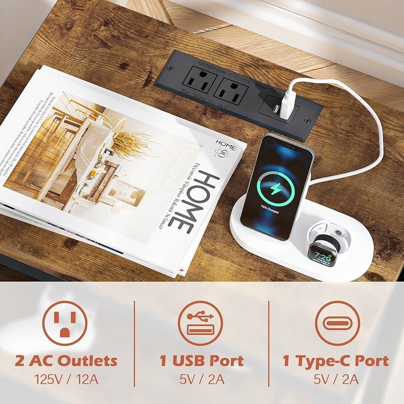 Nightstand W/ Charging Station USB Fabric Drawer Storage Shelf End Table