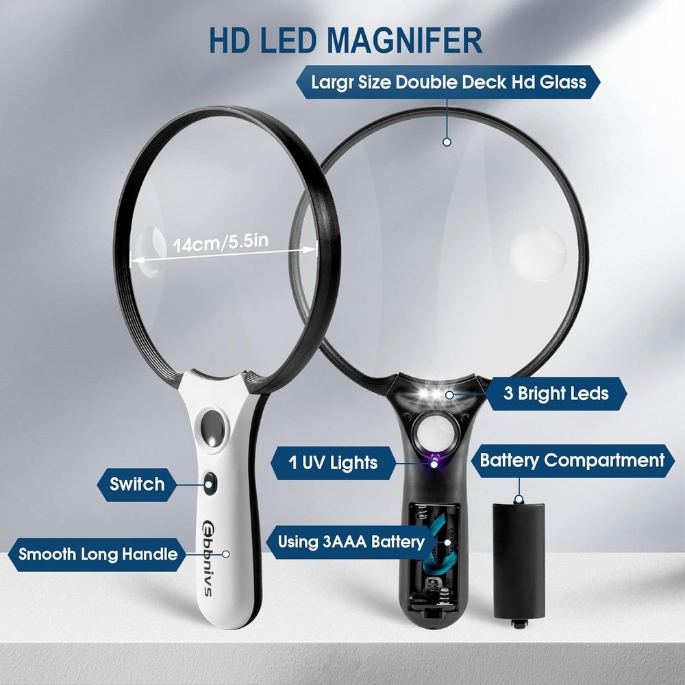 Large Magnifying Glass with Light, Magnifier Handheld Illuminated Lighted