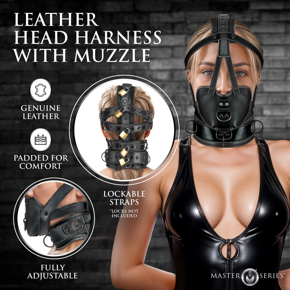 Adjustable Lockable Leather Head Harness with Muzzle BDSM Restraint Fetish Play