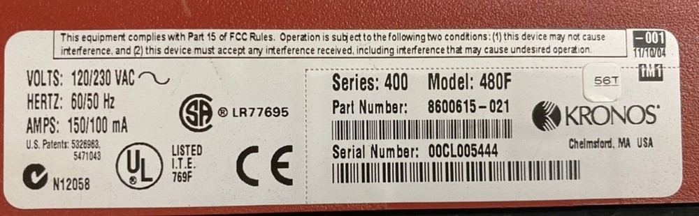 Kronos 480F Timeclock (Untested)