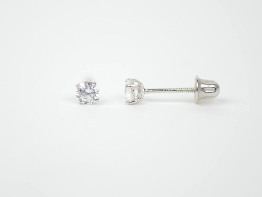 CZ Stud Earring Round cut in 14k white gold Screw back