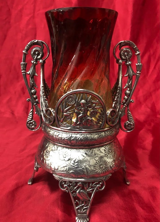 Antique Multi-Colored Glass Celery Vase & Silverplated Castor