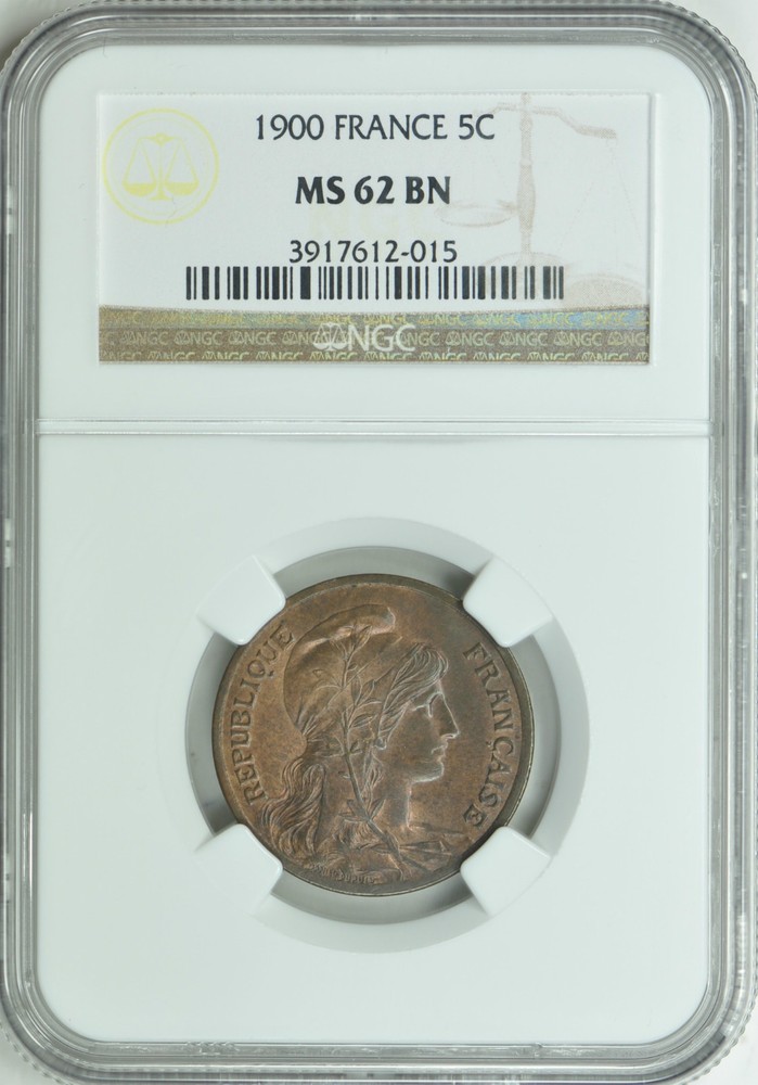 France 1900 5 Centimes NGC MS62 BN