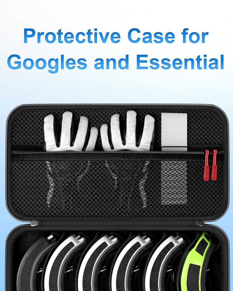 Ski Goggles Hard Travel Case with Multi-Compartment and Handle - Black