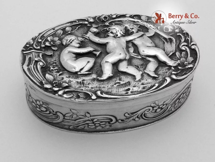 Figural Dancing Cherub Oval Pill Box German 800 Silver 1900