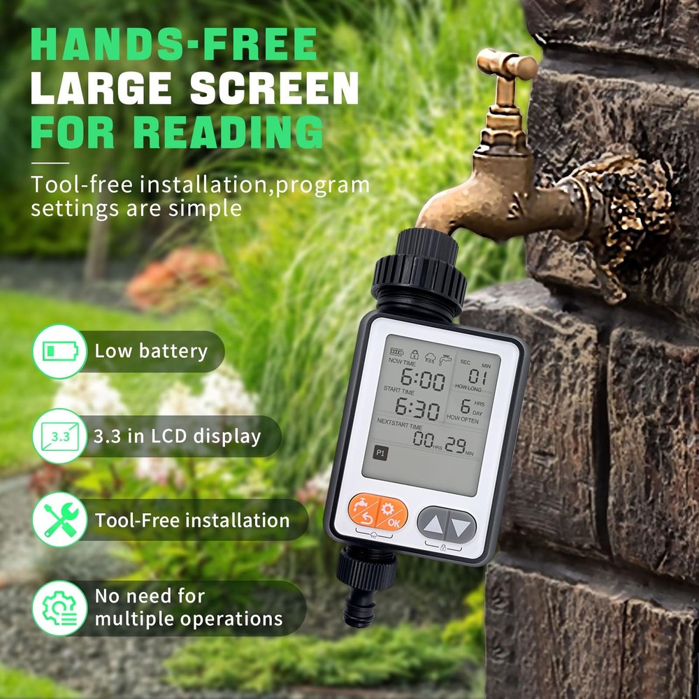10Program Hose Sprinkler Timer, IP54 Waterproof, Auto Rain Delay, 3.3in LCD