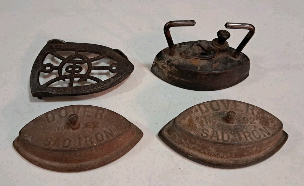 Two Sad Irons, Handle, Iron Rest, Four Piece Set