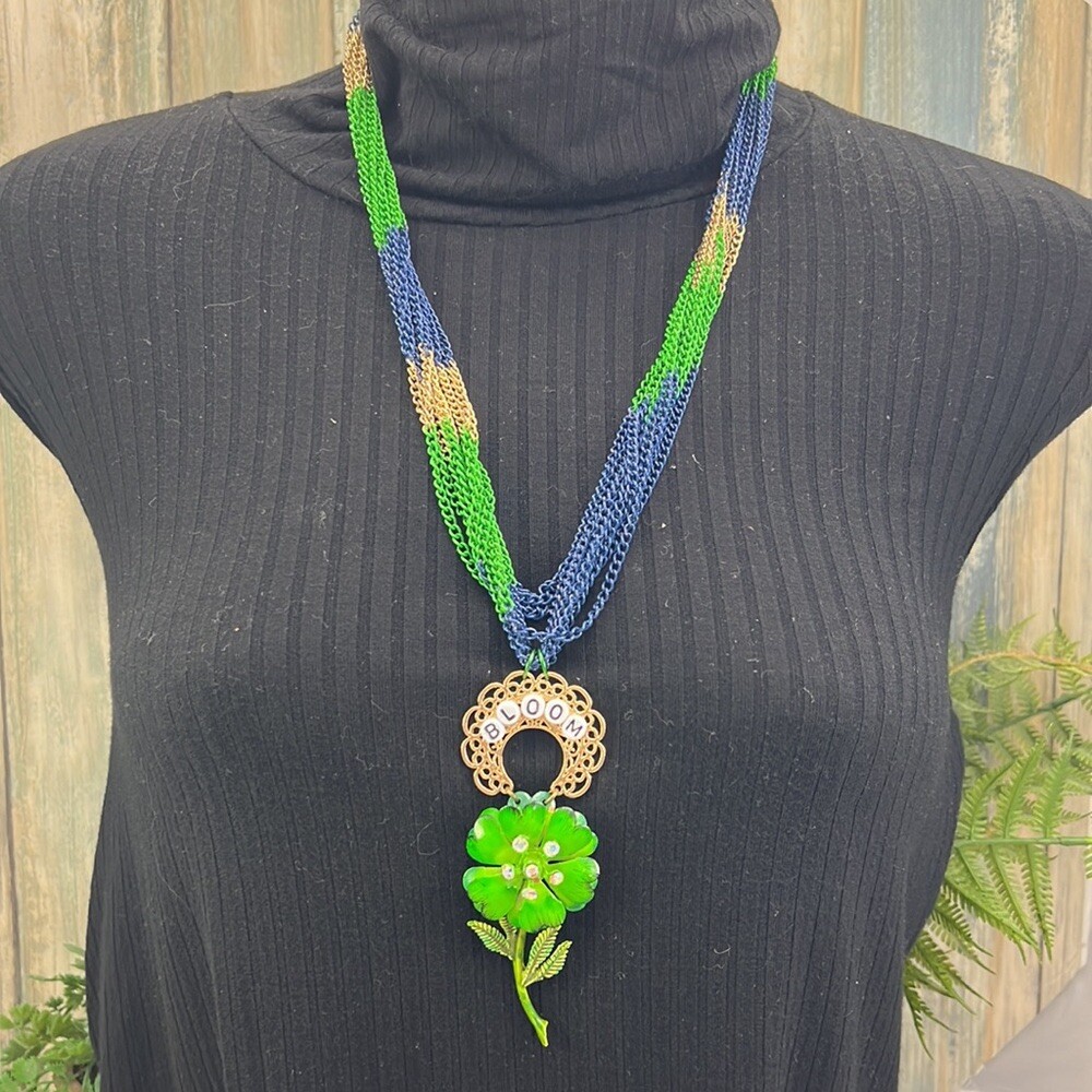 Adorned Crown Artisan Assemblage multi chain enamel flower BLOOM green blue