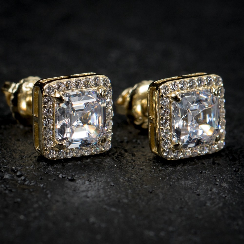 Yellow Gold Plated Iced Emerald Cut Sterling Silver Screw Back Stud Earrings