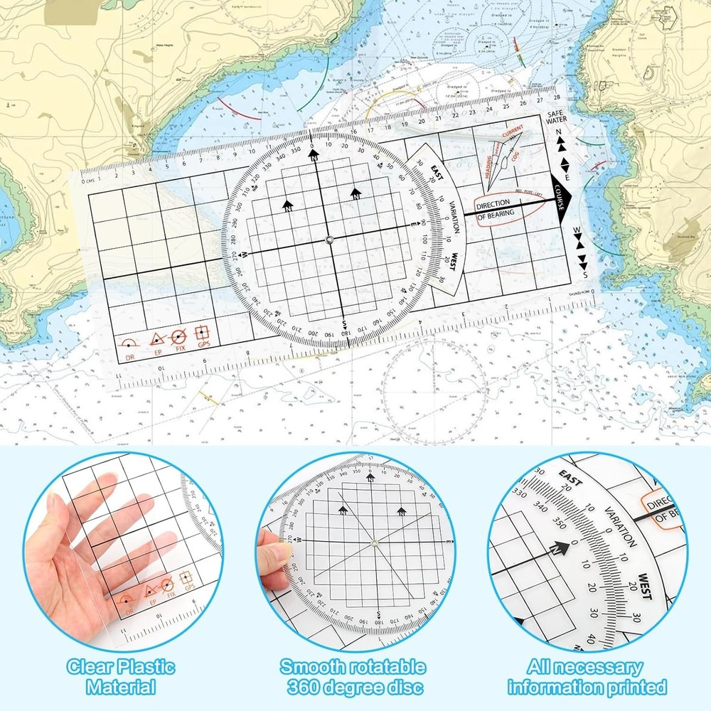 3 Pc Marine Navigation Set, Parallel Split Ruler, Nautical Protractor Brass Arms
