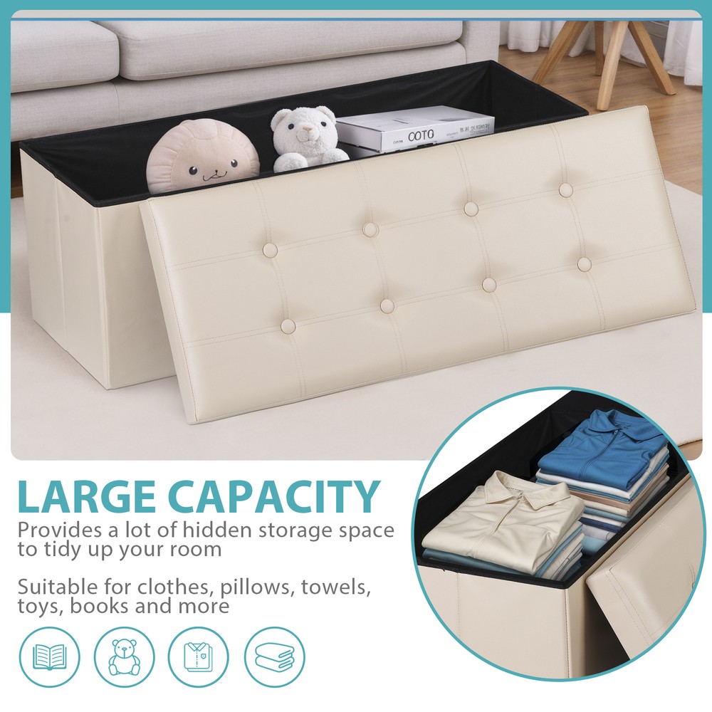 43" Folding Storage Ottoman Bench Storage Chest Fire Water Resistant Beige
