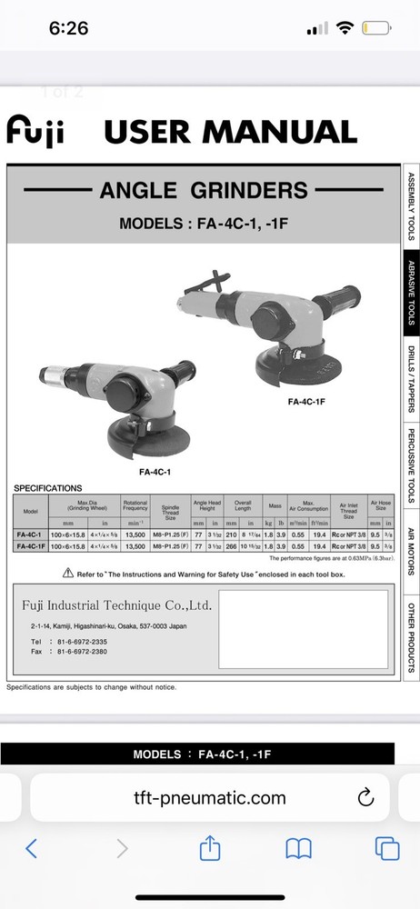 FUJI FA-4C pneumatic 4” angle grinder