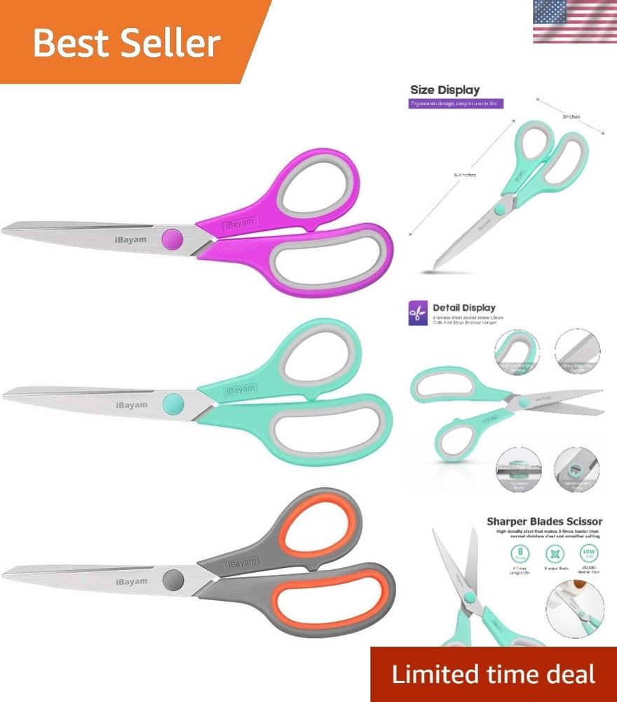 Scissors, 8" All Purpose Scissors Bulk 3-Pack, Ultra Sharp 2.5mm Thick Blade ...