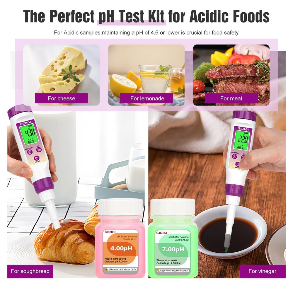 pH Meter Food Digital Electronic pH Tester for Fermentation 3*50ml pH Buffer ...
