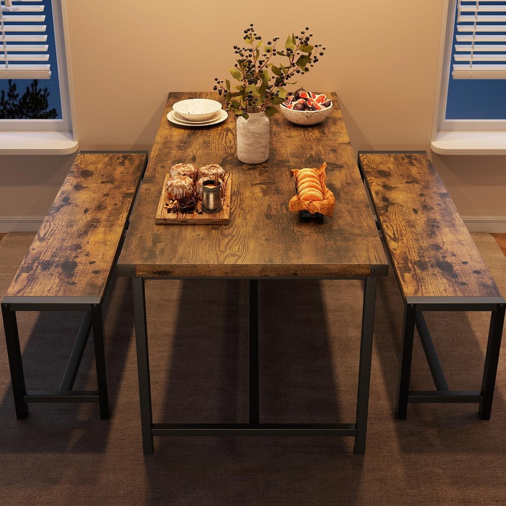 3 Piece Dining Table Set ,Kitchen Table and 2 Benches Dinner for Small Spaces