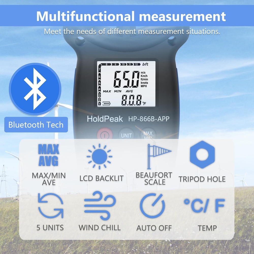 HoldPeak Handheld Anemometer Bluetooth, Digital Wind Speed 866B-APP(1PC)