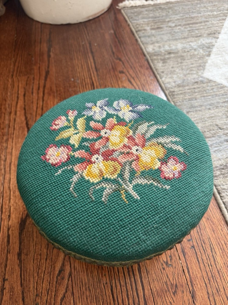 Antique Needlepoint Round Footstool with Floral Pattern
