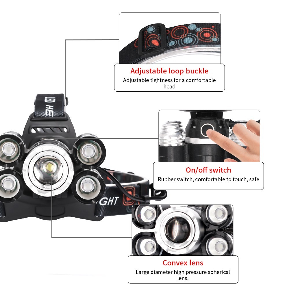 LED Headlamp 5 Head Headlight Flashlight Torch Light