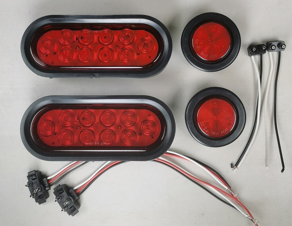 2 Steel Trailer Light Boxes w/Red 6" Oval & 2" Marker LED Lights +Wire Connector