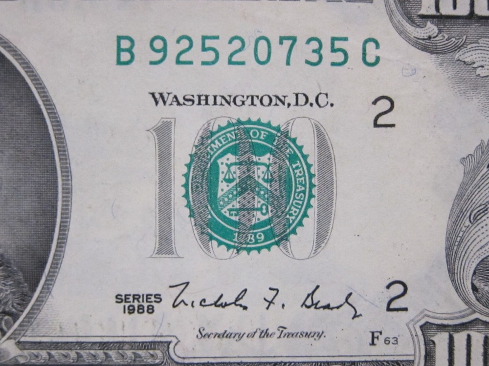 1988 $100 Printing Error on Back #B92520735C