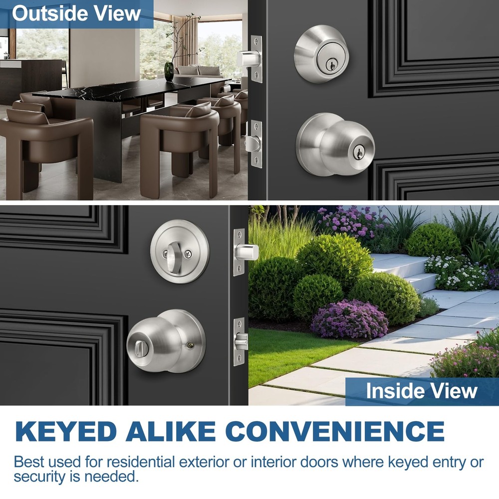 2 Pack Keyed Same Exterior Door Knobs and Single Cylinder Deadbolts Combo Set