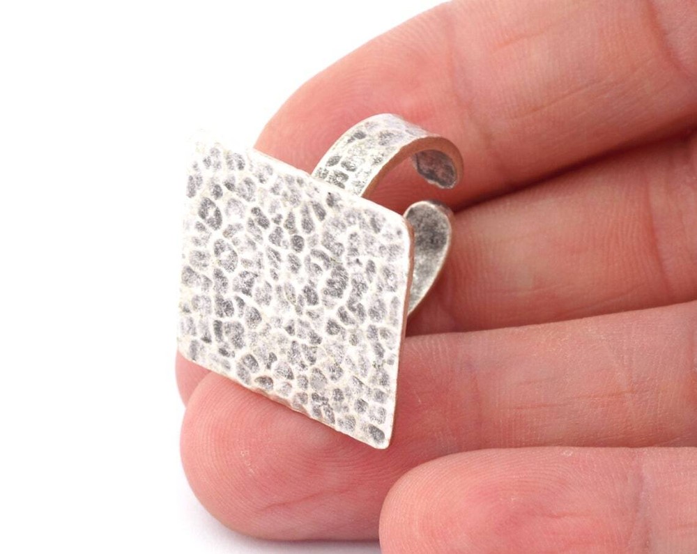 Square Hammered Adjustable Ring Blank Bezel Antique Silver Plated Brass 4934