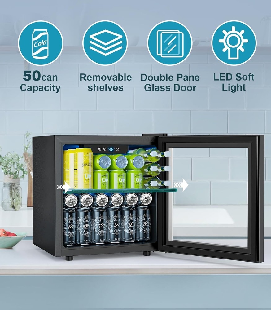 Compact 1.3 Cu.ft Beverage Refrigerator - Holds 50 Cans, Adjustable Temp Control