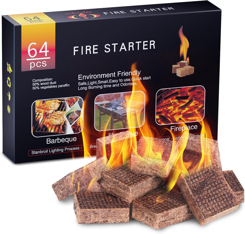 Fire Starter, 64 Mini Square, Natural Fire Starters for BBQ, Campfire, Fireplace