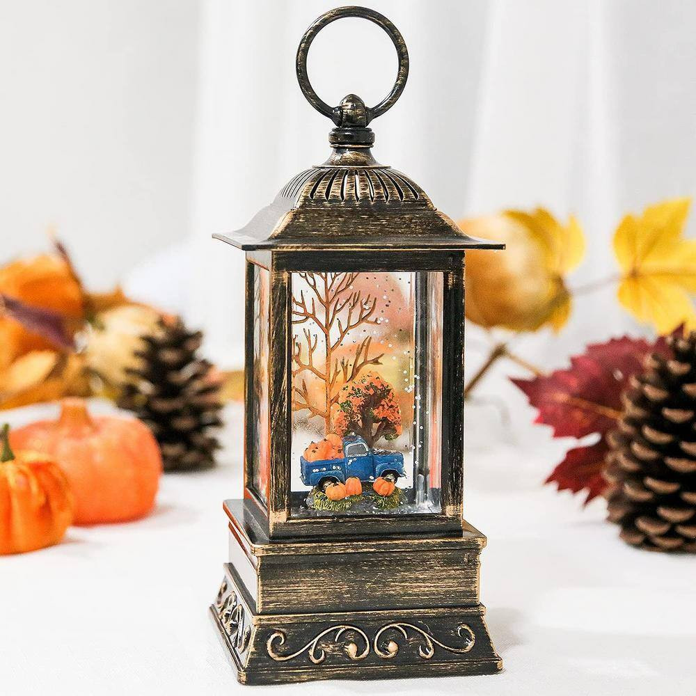 Thanksgiving Lighted Lantern, Swirling Glitter Fall Snow Globe Lantern for Fall