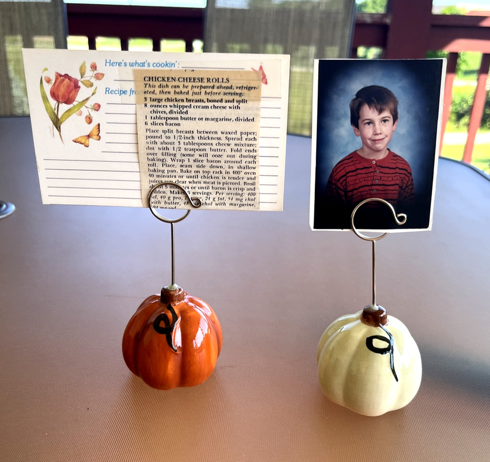 Ceramic Glazed Pumpkin Picture Recipe Note Holder Display Fall Thanksgiving 2-pc