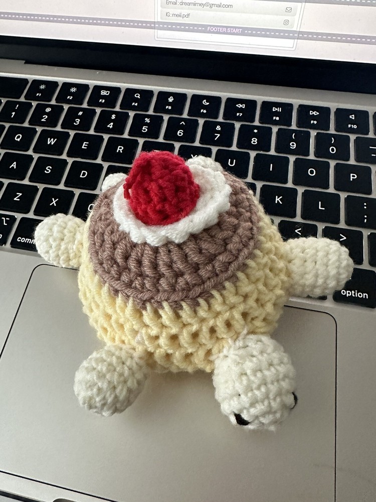 Handmade Crochet Cream Cherry Caramel Pudding Turtle Stuffed Animal!
