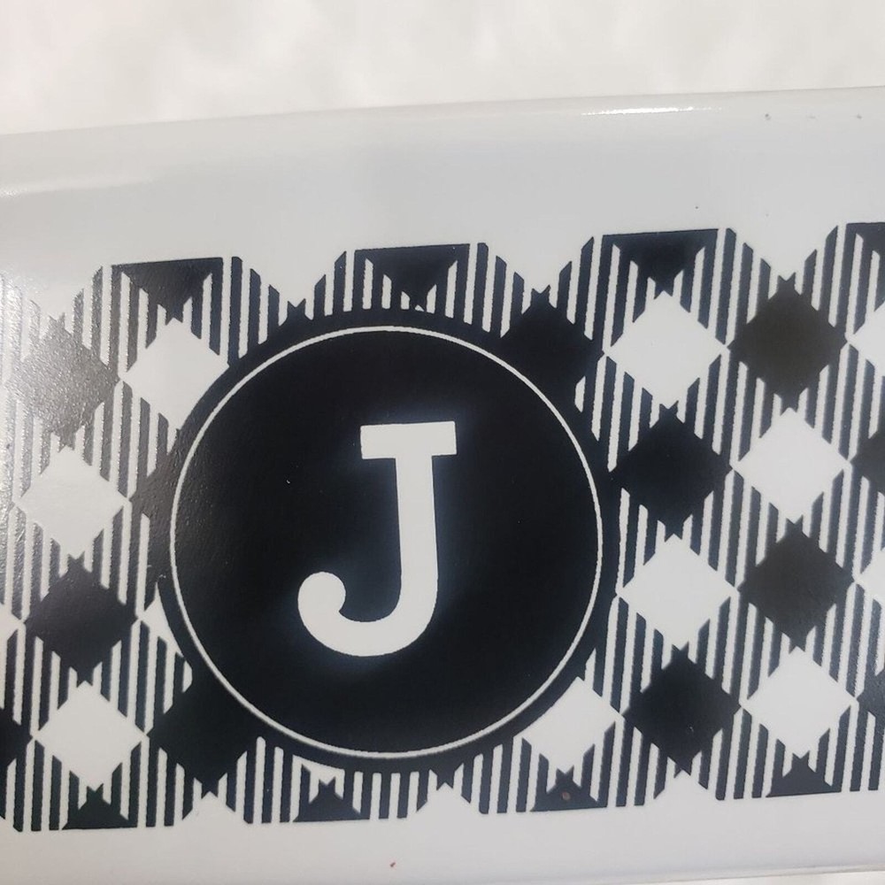 Nantucket "J" initial mini loaf ceramic baking dish with black check design