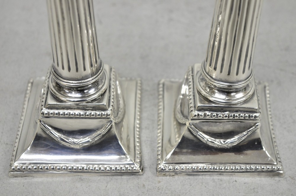 Vintage English Regency Silver Plated Classical Column Small Candlesticks - Pair
