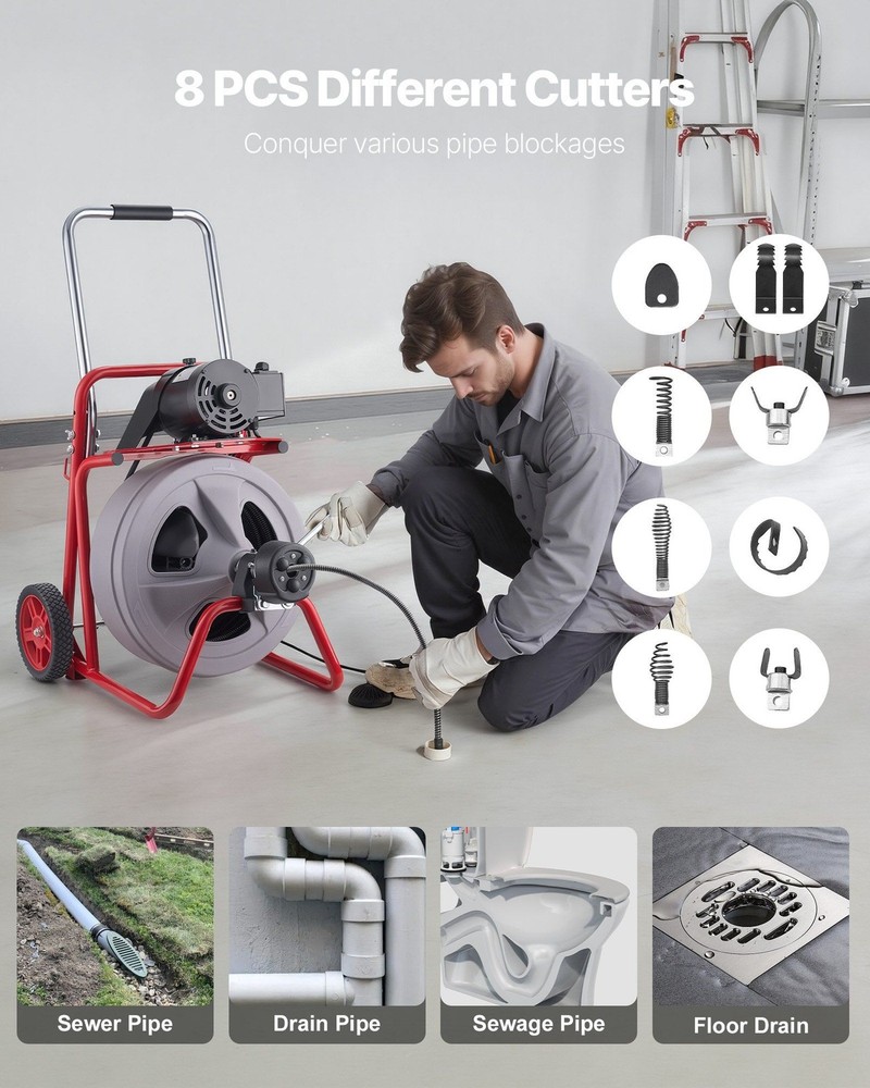 Electric Sewer Snake: 75ft 1/2" Cable, 8 Cutters, Telescopic Handle