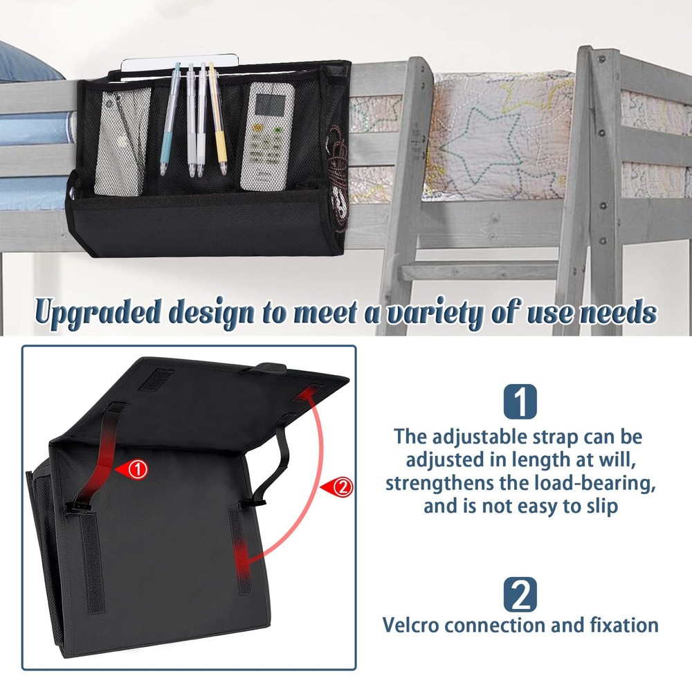 Black Bedside Storage Organizer, Power Strip Holder, Adjustable Straps, Bag