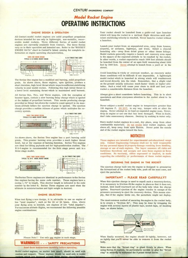 Vintage 1960s CENTURI Model ROCKET ENGINE Instructions Sheet! Complete!