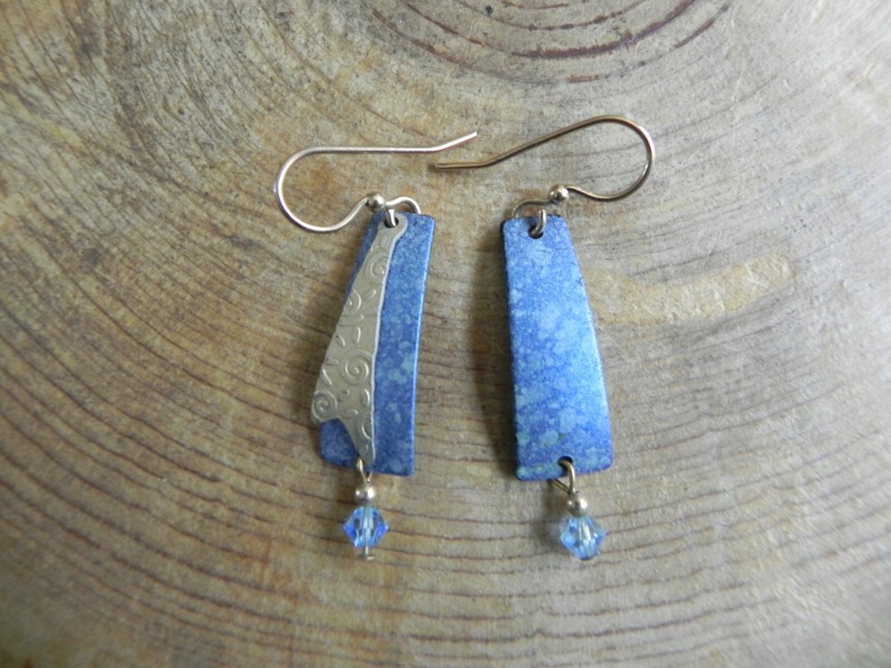Asymetrical Blue Titanium, Blue Crystal & Brass dangle Earrings