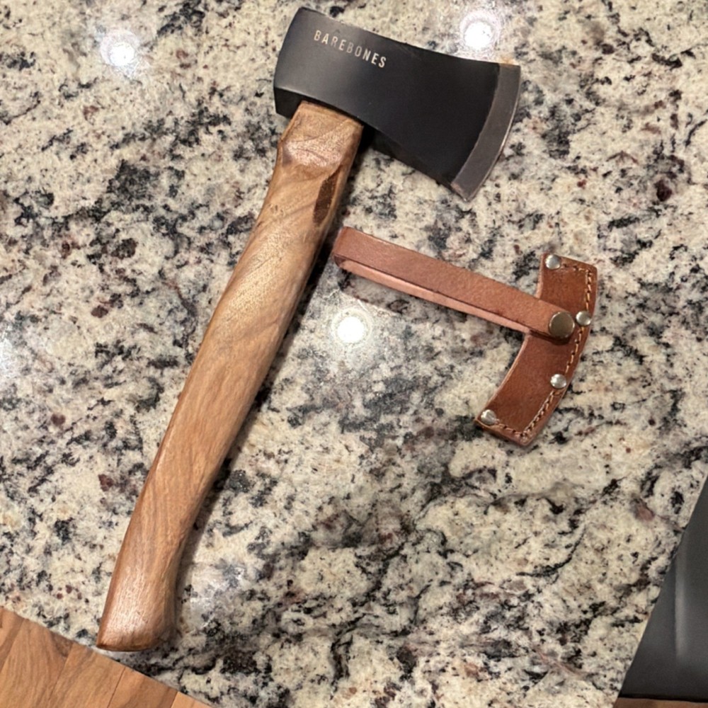 Barebones Hatchet Wood Handle Blade Guard Leather Sheath Brown Black