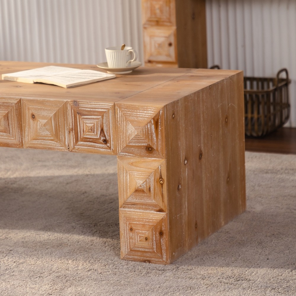 Rustic 3D Carved Geometric Relief Coffee Table, Solid Wood