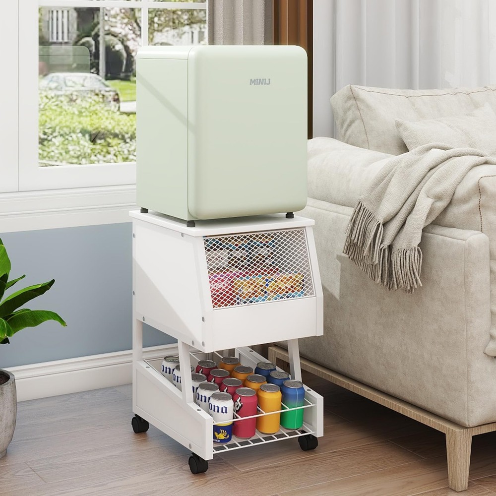 Compact Refrigerator Stand with Beverage Storage and Wheels Rolling Personal ...