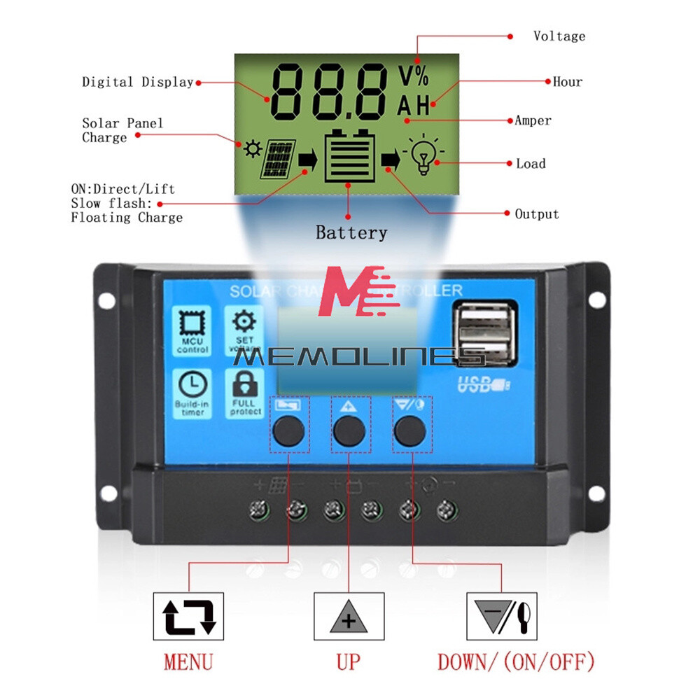 30A Solar Panel Battery Charge Controller 12V/24V LCD Regulator Auto Dual USB