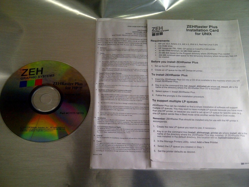 Zehraster plus HP DesignJet 700 / 1000 Plotter Printer (((Set Up CD!))) ONLY!