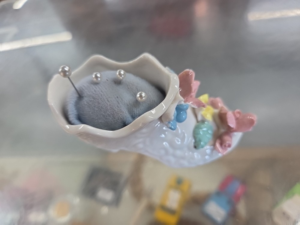 VINTAGE PORCELAIN BOOT PUSH PIN CUSHION.