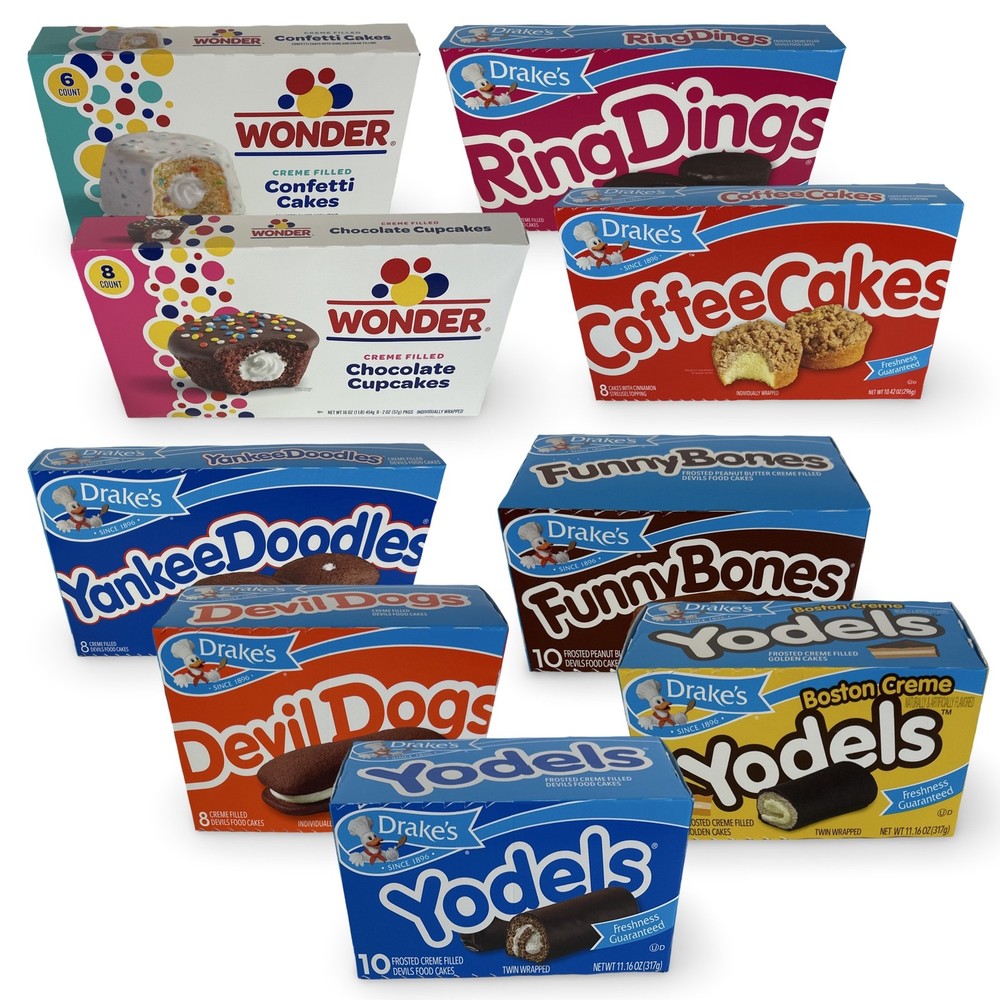 Drake's Snack Cakes Multipack Box, Featuring Cupcakes, Yodels, Devil Dogs, Ring